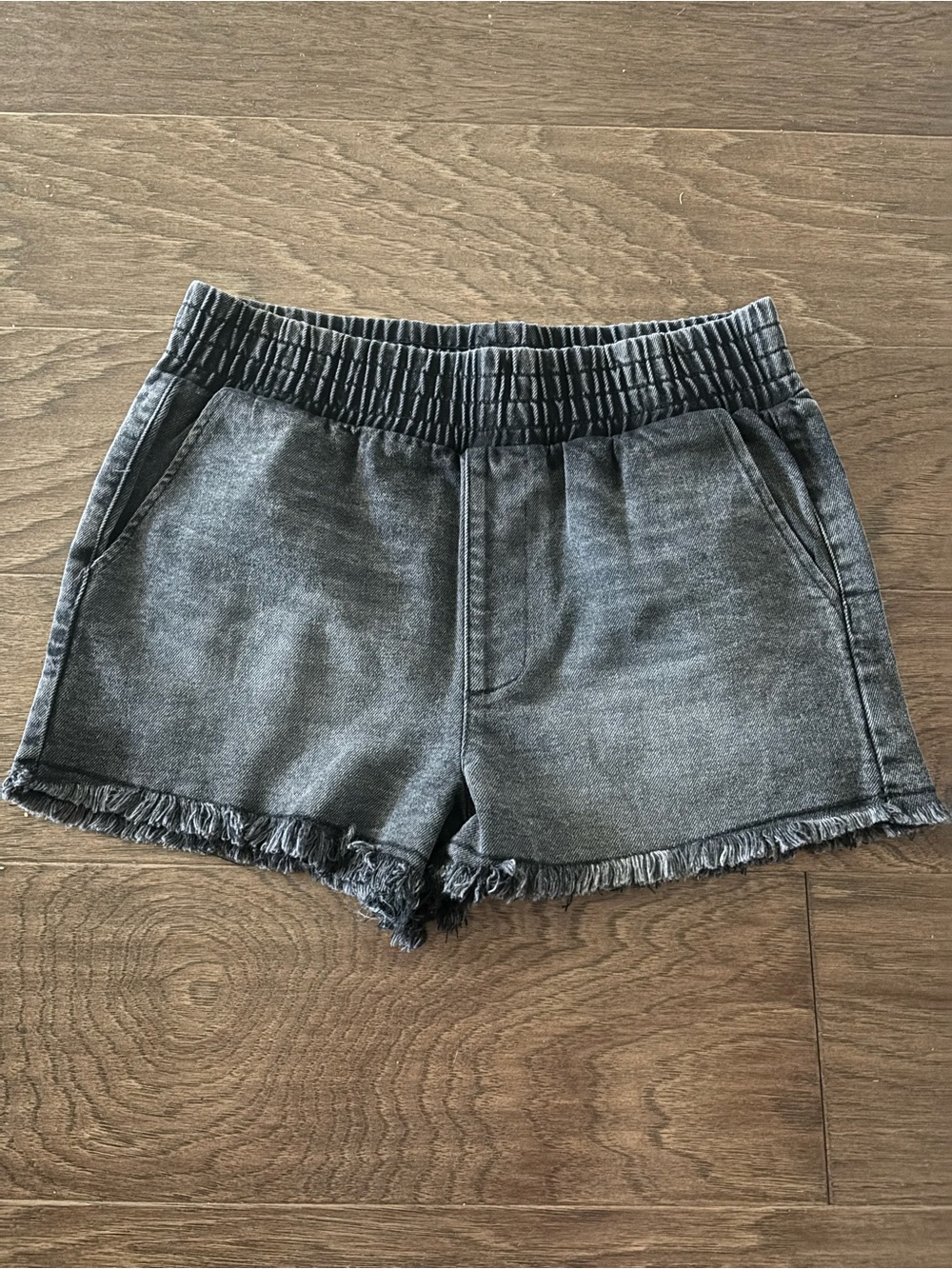 Kendall & Kylie Washed Black Frayed-Hem Knit Waist Jean Shorts